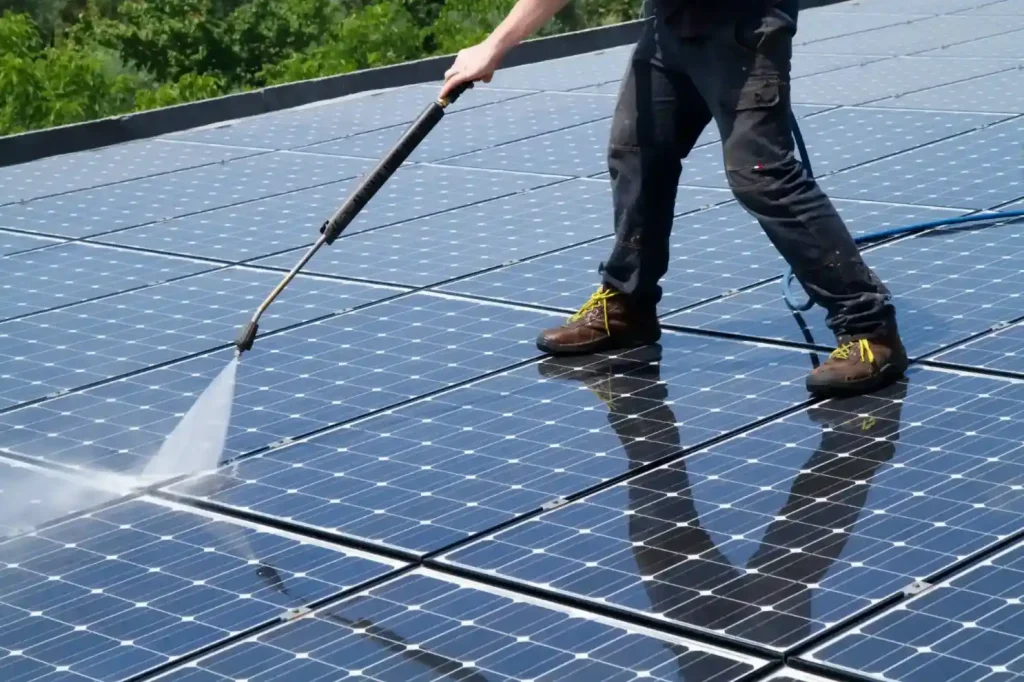 The pressure cleaner is cleaning the black solar panels of a residential property in Wollongong NSW.